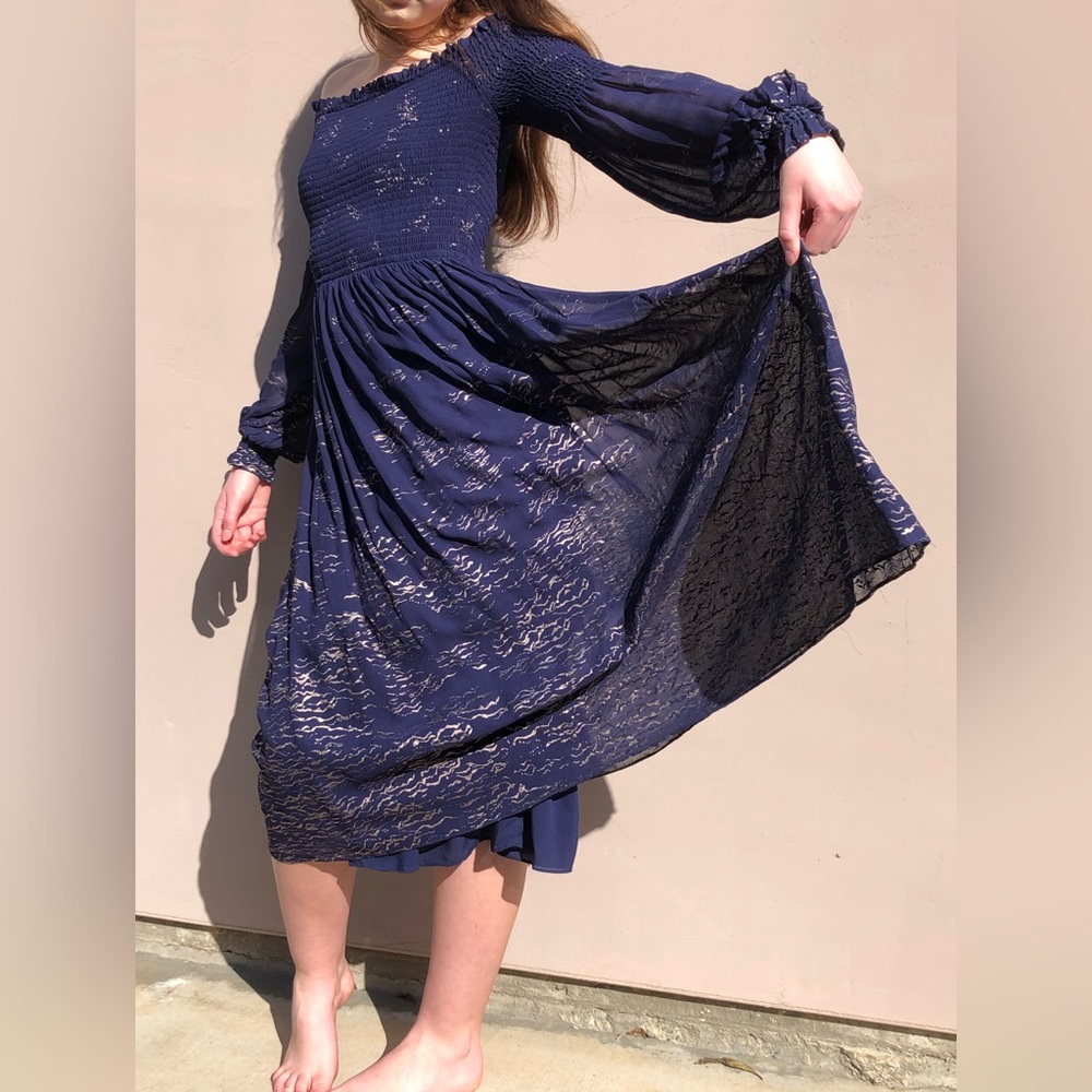 Navy & Gold Smocked Top Free People Dress✨🌟✨